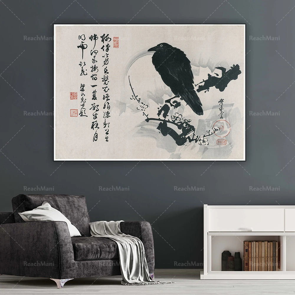 Peinture asiatique abstraite avec un corbeau noir sur fond sombre.