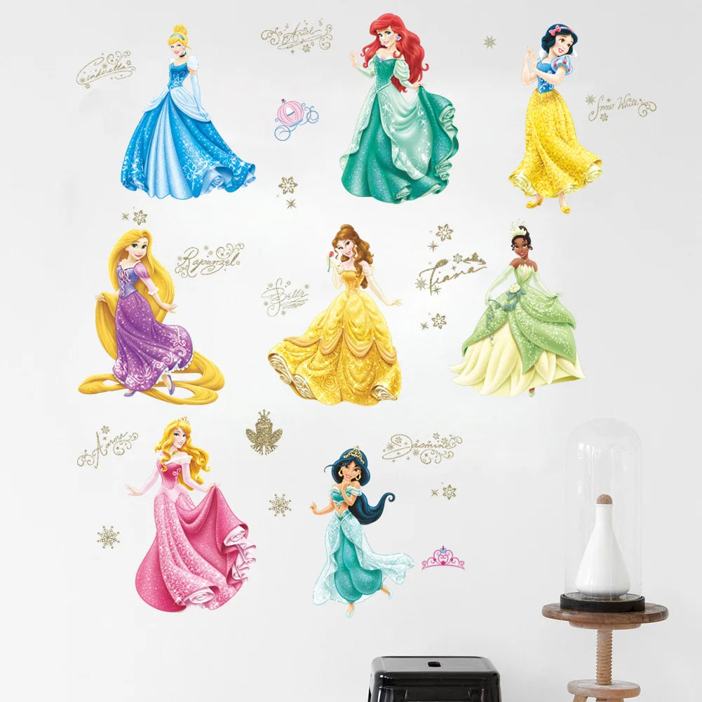Stickers muraux princesses Disney élégantes rose bleu vert chambre enfant illustration PVC