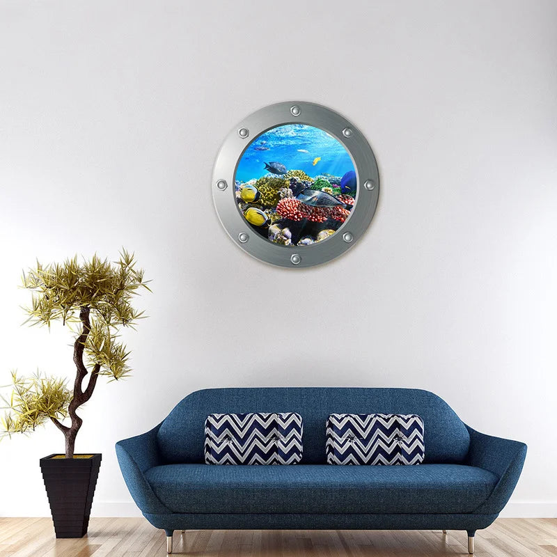 sticker mural sous marin coraux poissons moderne gris métallisé PVC øillets chambre enfant décoration
