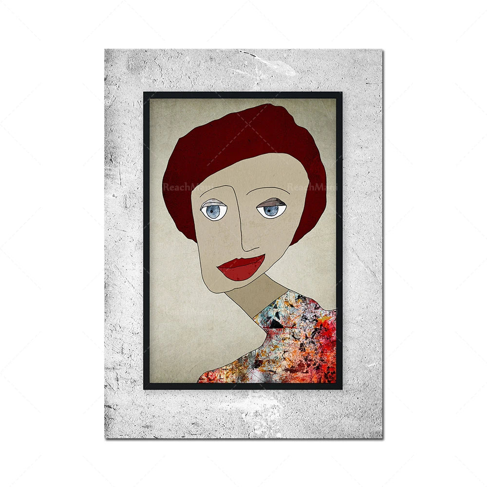 Le portrait stylisé représente une femme aux cheveux rouges et aux lèvres rouges, avec un motif floral coloré sur la partie inférieure du visage.