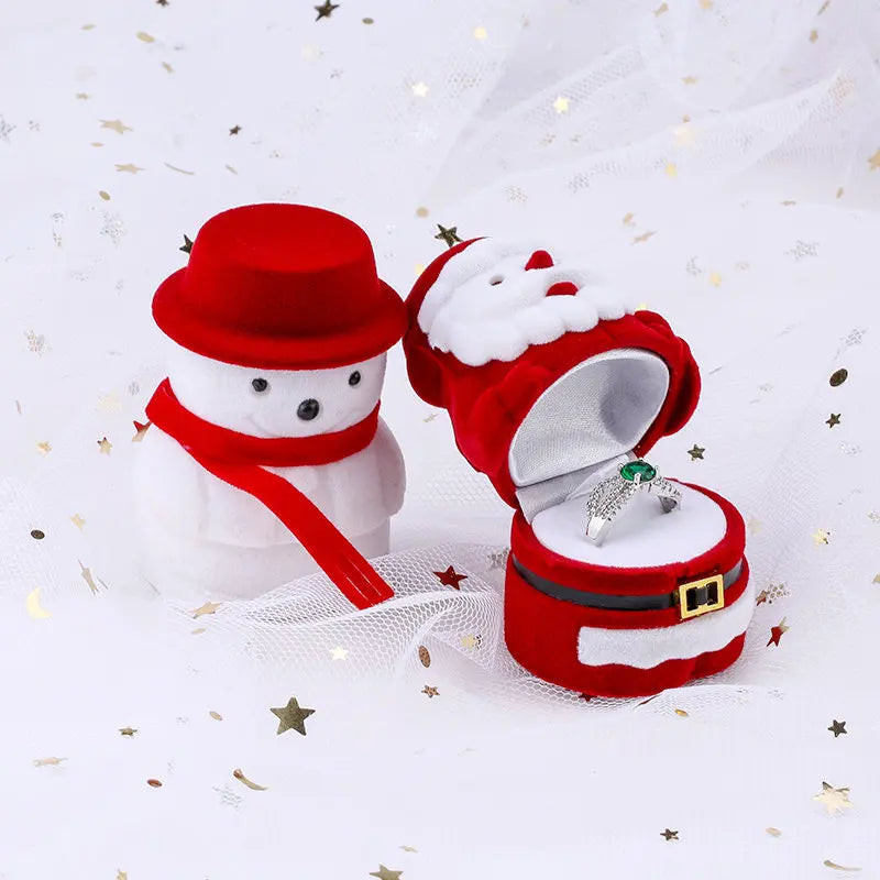 boîte bijoux noël père noël bonhomme neige rouge blanche velours festive peluche anneaux
