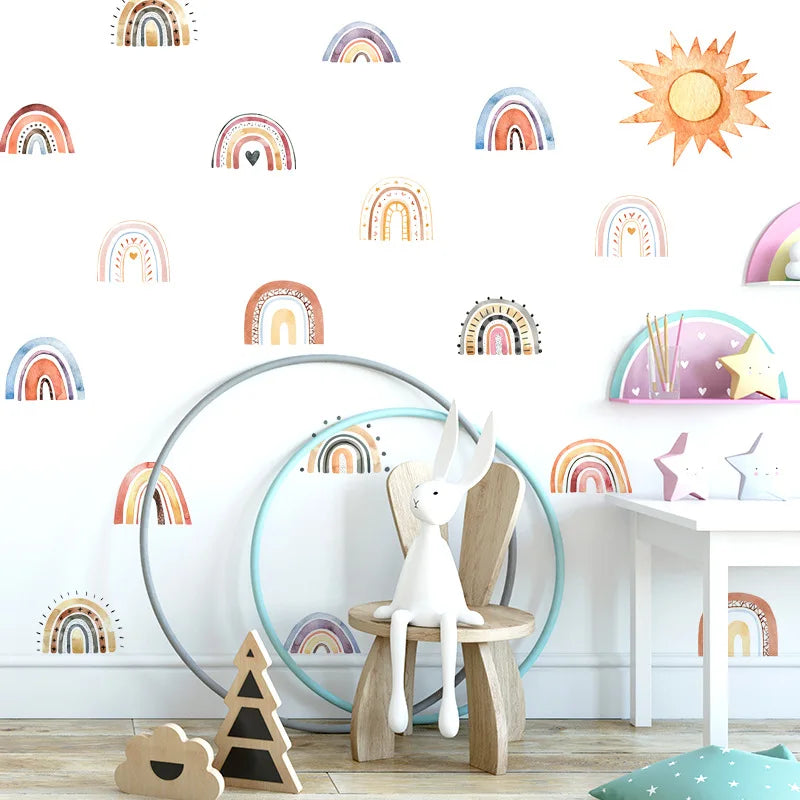 sticker mural arc ciel soleil boho multicolore adhésif chambre enfant décoration maison