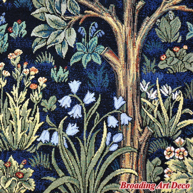 tapisserie murale coton art nouveau floral arbres feuillage oiseau bleu foncé vert beige