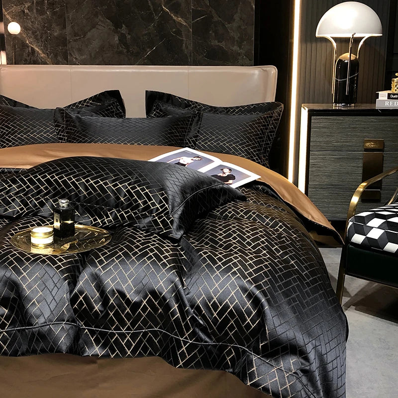 Parure de lit noire avec drap plat et taies d'oreiller dans une chambre moderne
