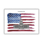 Un drapeau américain ondoyant en arrière-plan avec le Capitole de Washington en premier plan, une représentation symbolique de la capitale nationale.