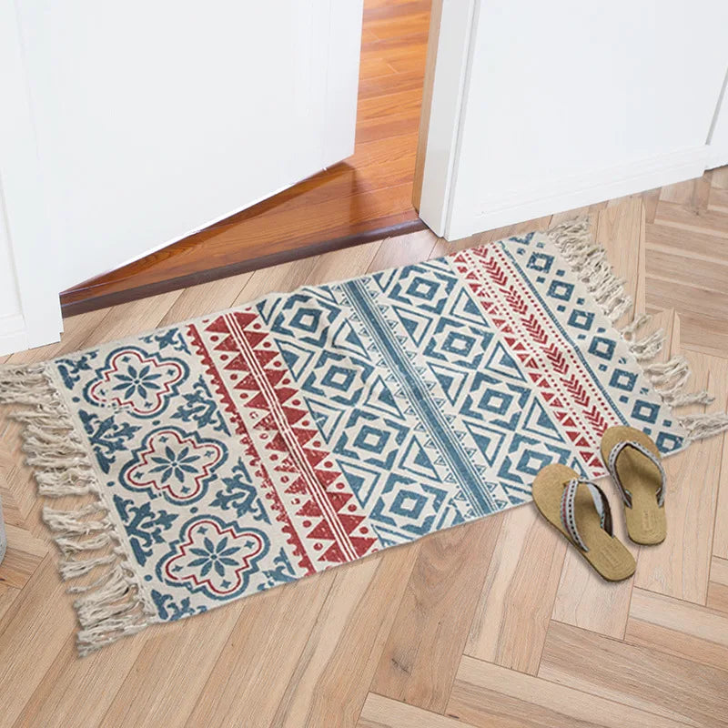 tapis géométrique boho beige noir triangles losanges antidérapant lavage machine main chambre salon prière