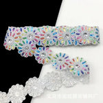 ruban décoratif fleurs strass brodé polyester rose bleu orange jaune marron opacité 6cm large