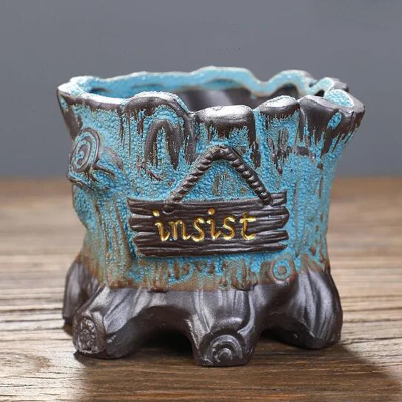 pots fleurs céramique glaçure abstraite bleu rose marron rustique plante verte artisanat