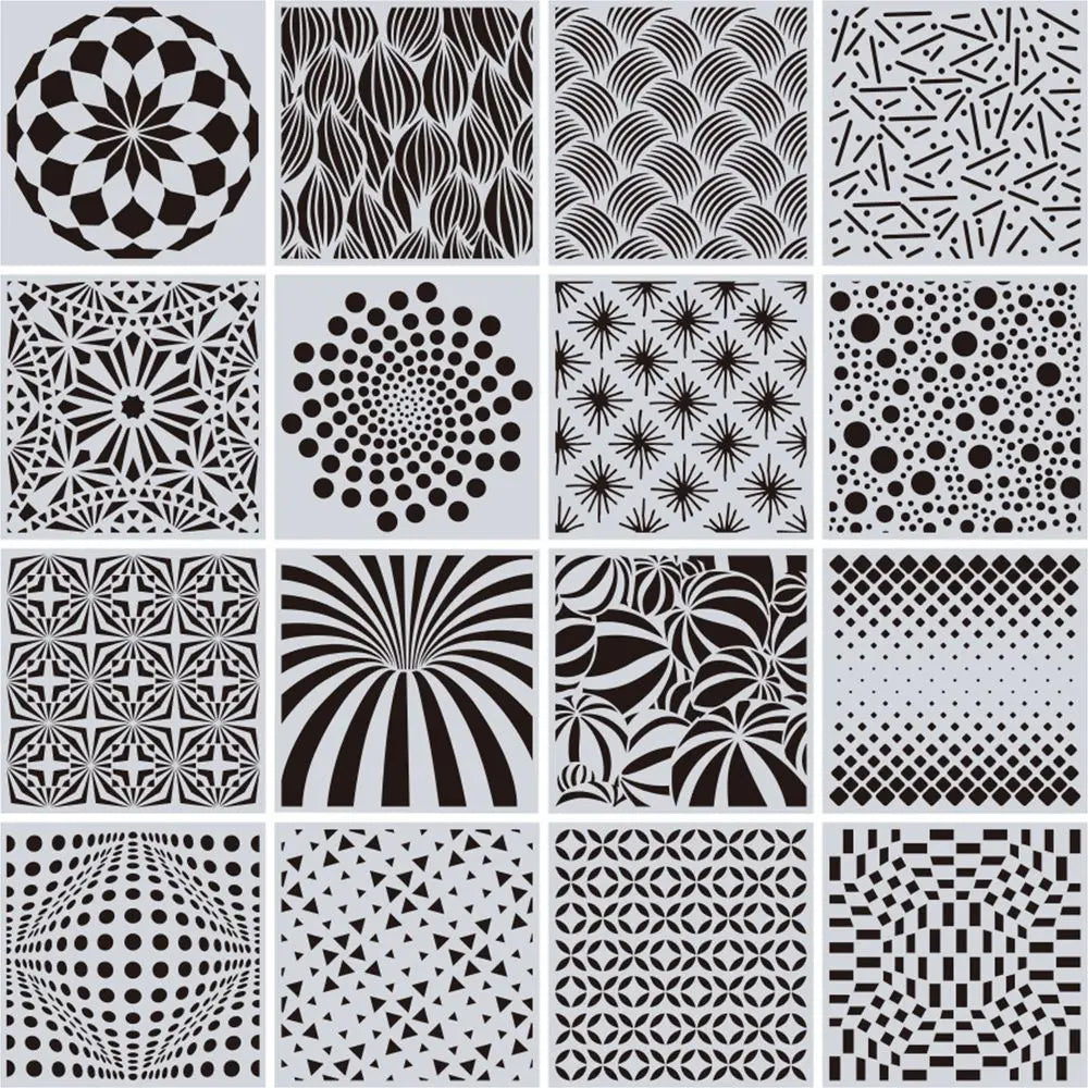 stencils géométriques motifs floraux décoration murale panneaux artistiques illusions optiques assiettes décoratives motifs traditionnels