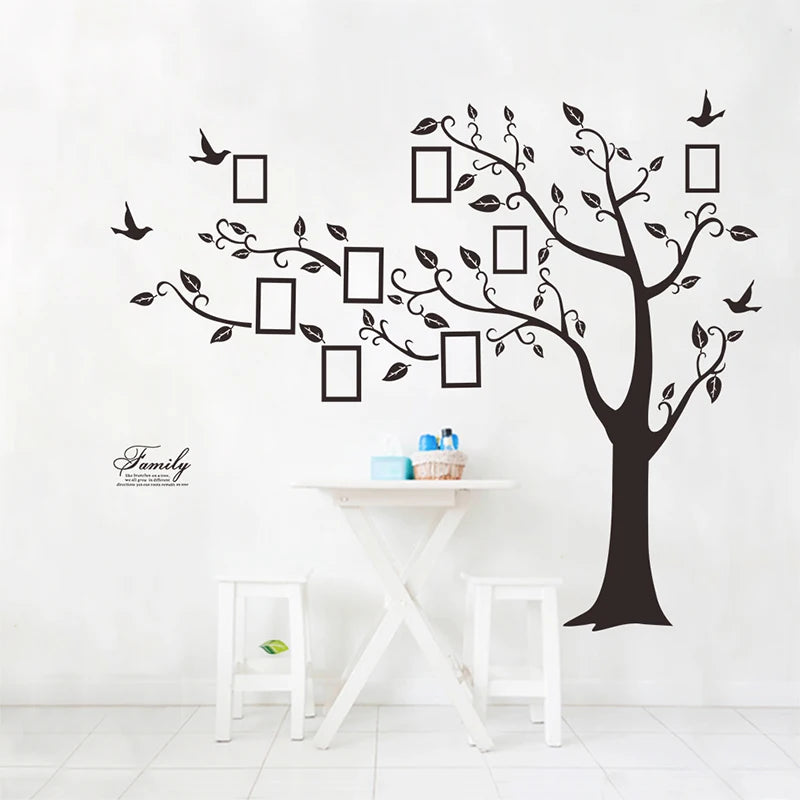 sticker mural moderne arbre branches feuilles oiseaux cadres photo noirs décoration intérieure