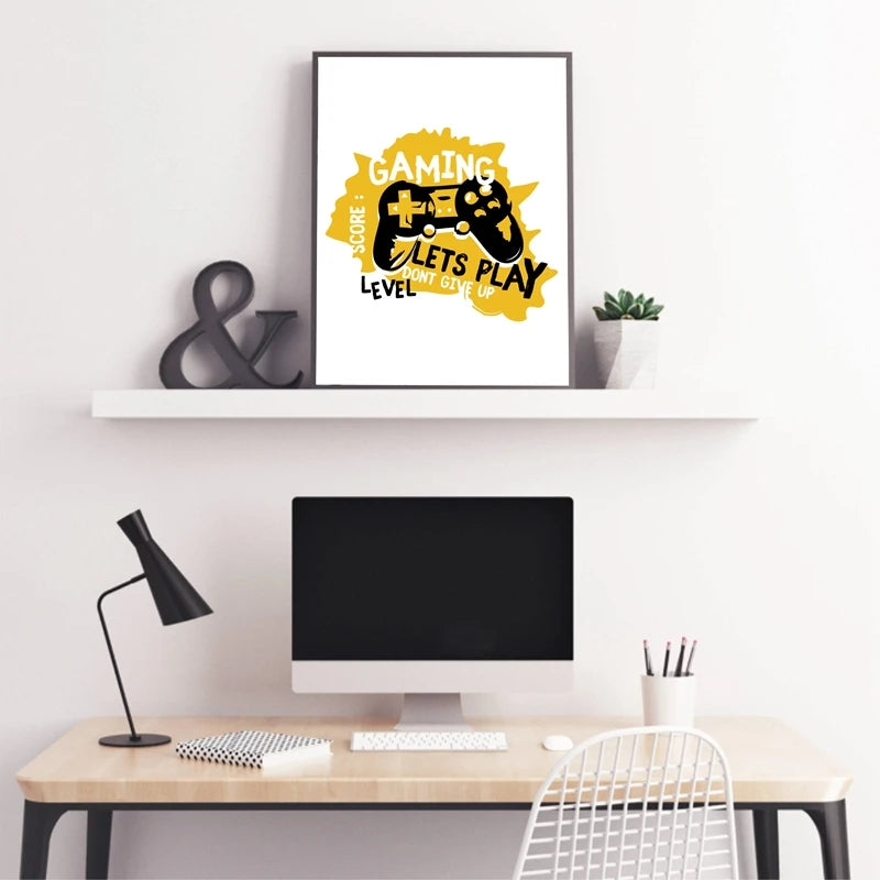 Affiche minimaliste sur un bureau de jeux avec un design vintage de manette de jeu et un texte "Gaming - Lets Play