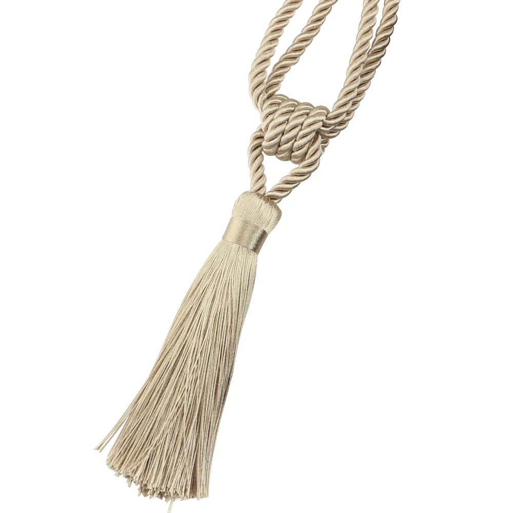 rideau attache pompon polyester beige gris or classique 45cm total 14cm pompon decoration interieur