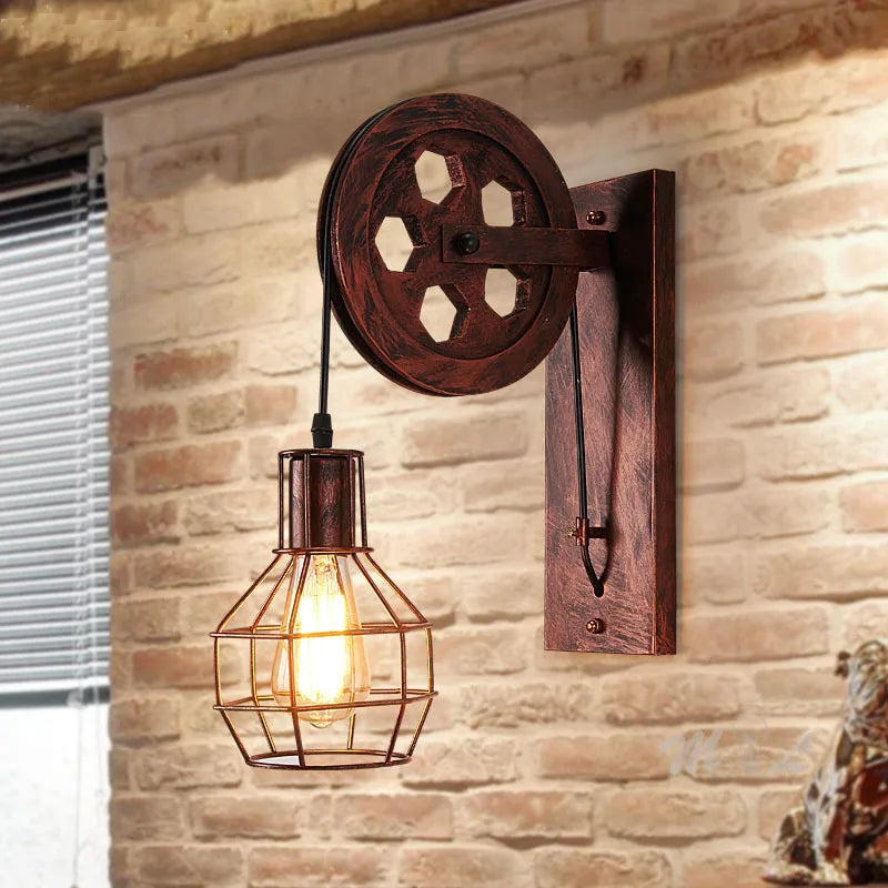 appliques murales industrielles vintage led bois métal fixées mur bronze marron foncé