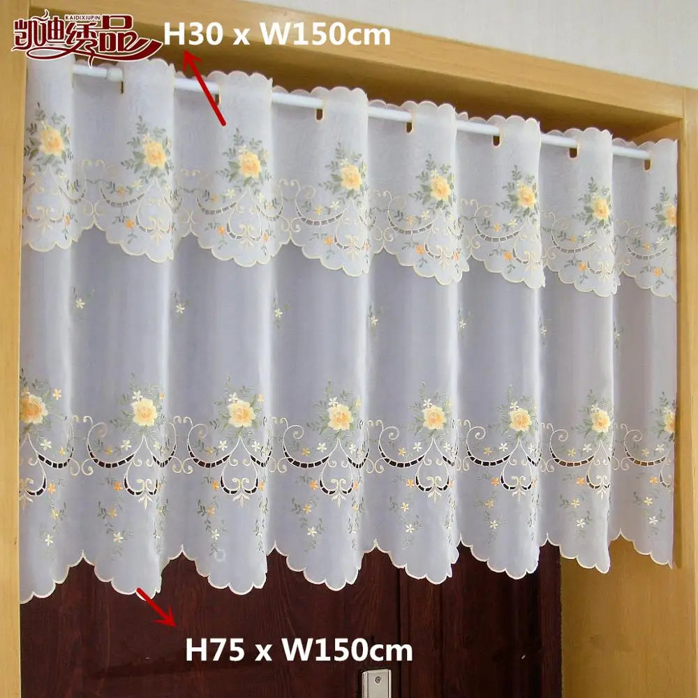 rideau blanc brodé fleurs or transparent classique fenêtre H30 W150 H90 W150 H75 W150