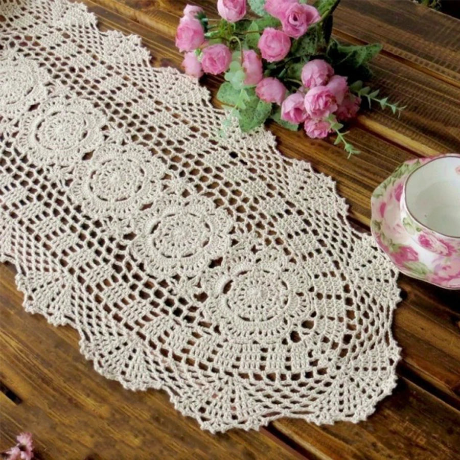 serviette table coton crochetée motif fleur ovale traditionnelle beige clair réutilisable maison mariage fête