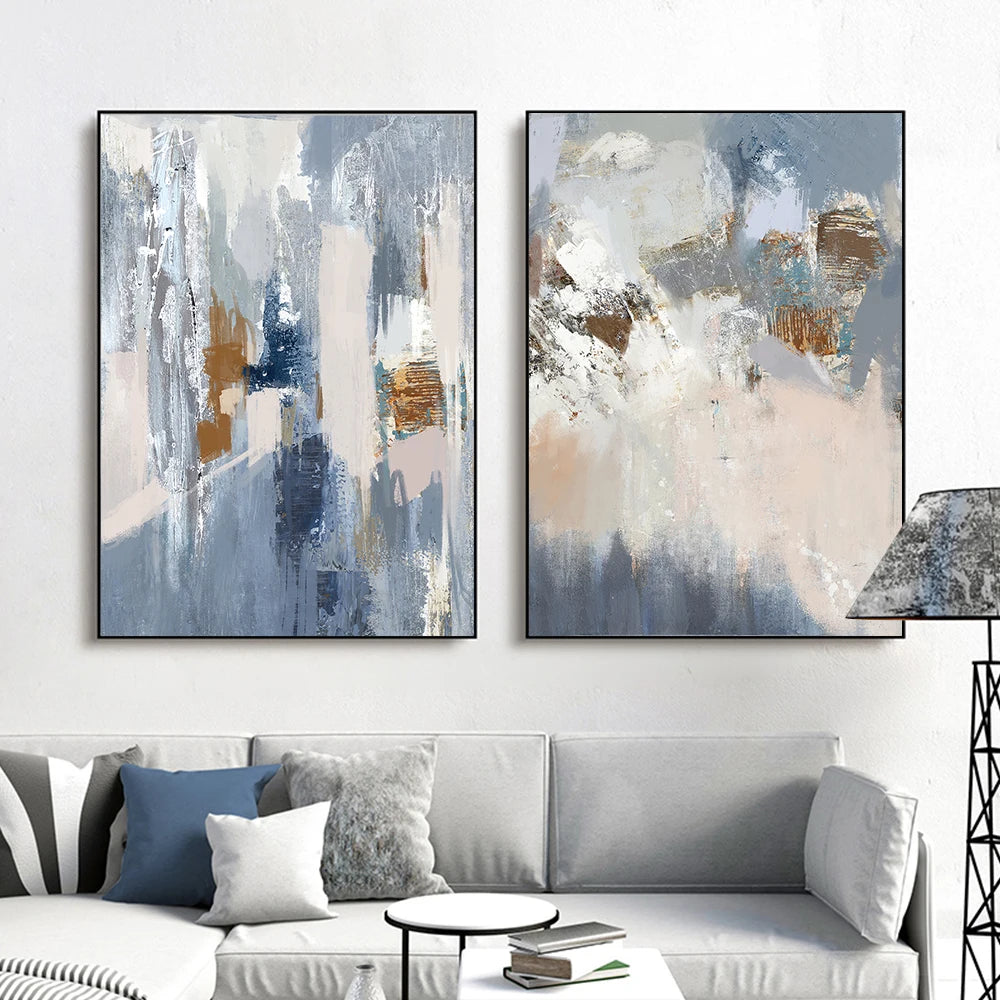 tableau abstrait contemporain bleu gris beige blanc marron peinture toile haut qualité décoration intérieure