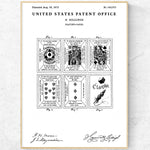 Le brevet Américain n° 142,075 délivré à H. Billings pour des cartes à jouer présente des designs graphiques et du texte imprimé qui transmettent des messages de divination et de fortune.