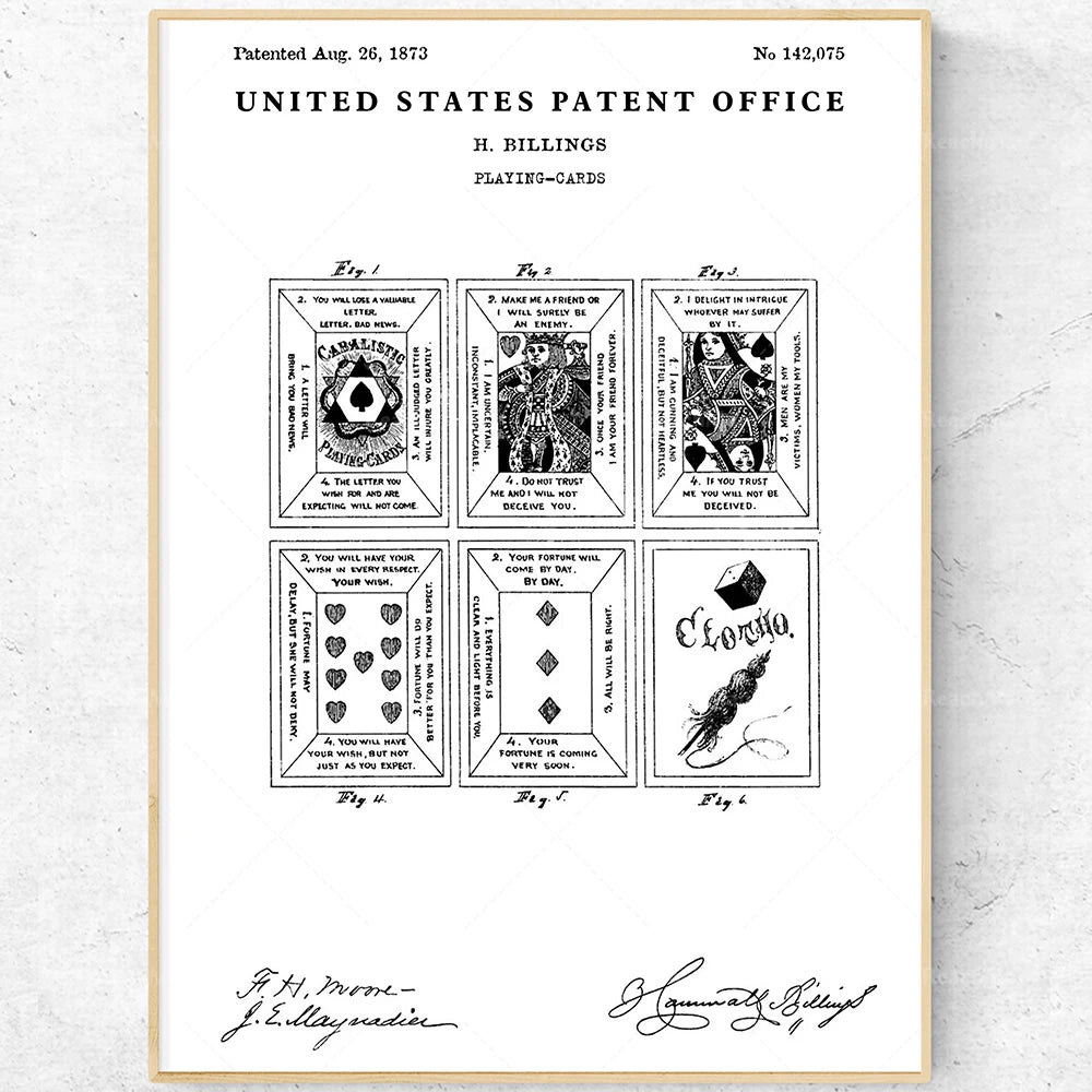 Le brevet Américain n° 142,075 délivré à H. Billings pour des cartes à jouer présente des designs graphiques et du texte imprimé qui transmettent des messages de divination et de fortune.