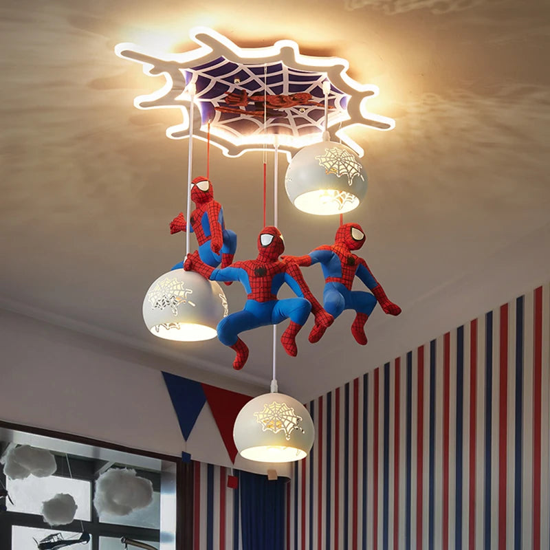 suspension lumineuse enfantine rouge bleu spiderman figurines toile araignee moderne