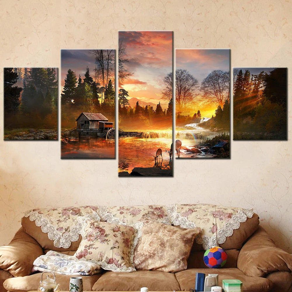 tableau mural paysage coucher soleil arbres rivière oiseaux peinture huile multicolore sans