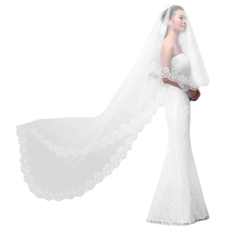 voile mariée femme blanc dentelle florale bord festonné classique cathédrale opacité festive