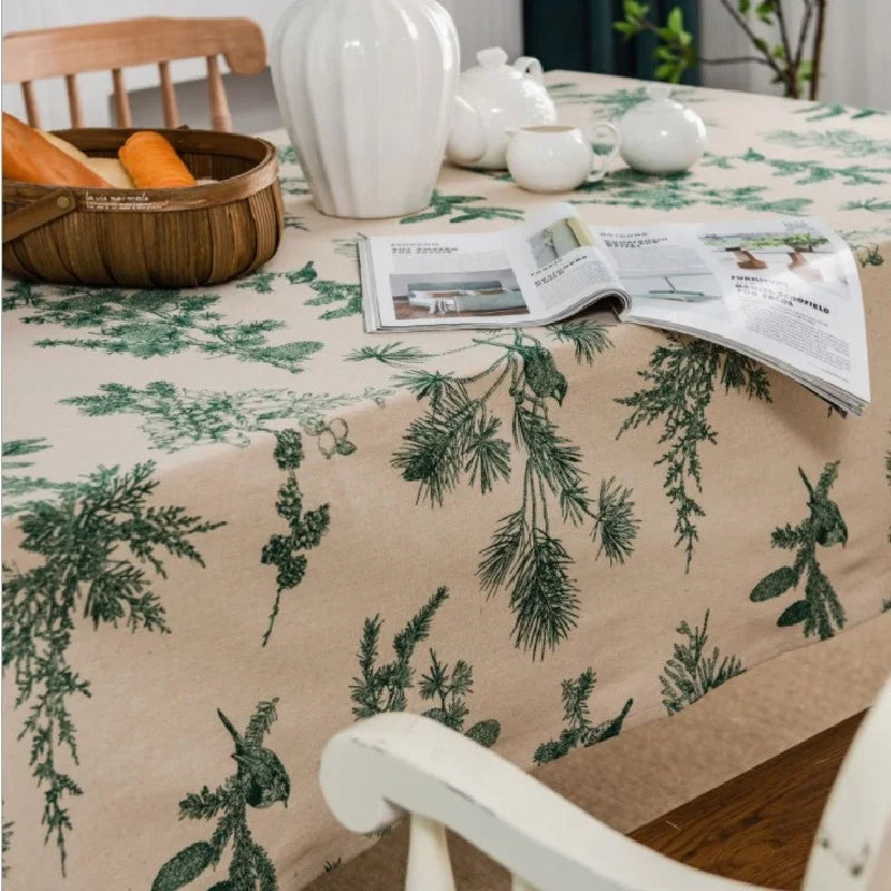 nappe lin verte imprimée branches feuilles classique rustique mariage maison festive