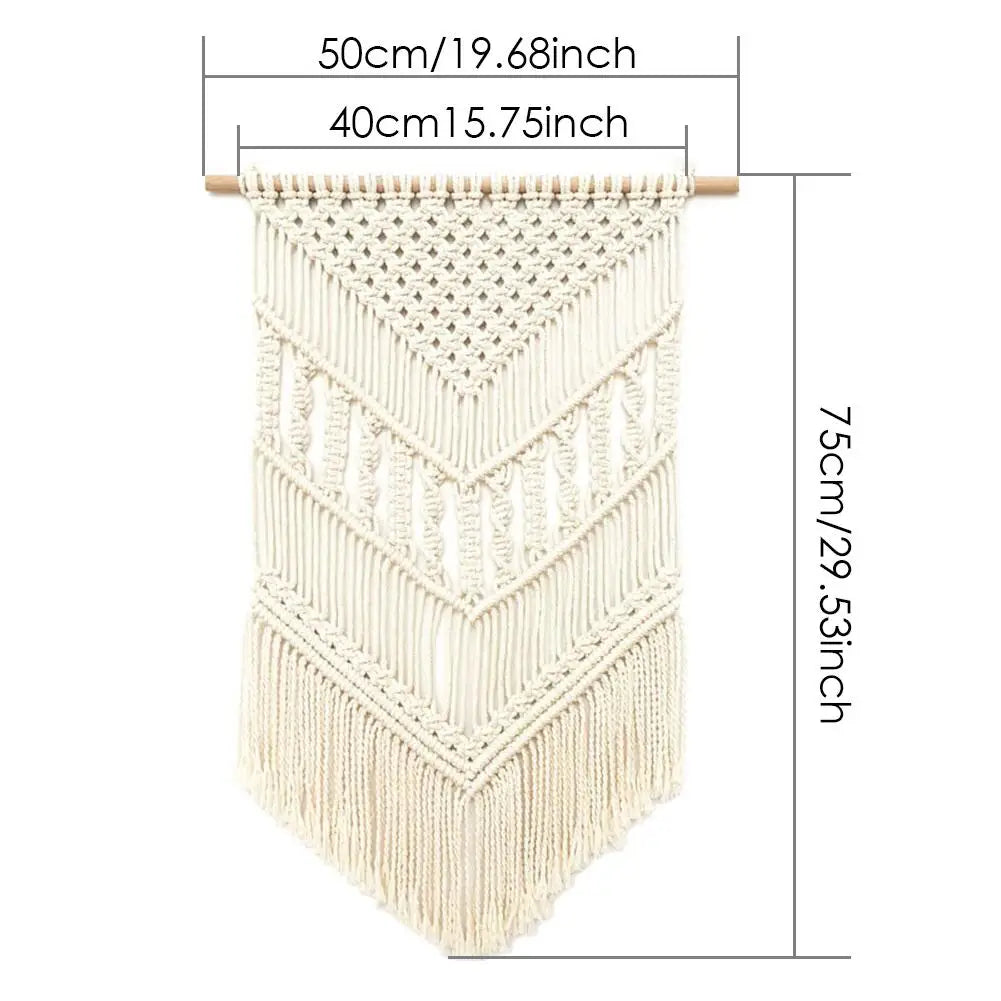 décoration murale macramé géométrique bohème franges suspendu tige bois ethnique artisanal triangles losanges