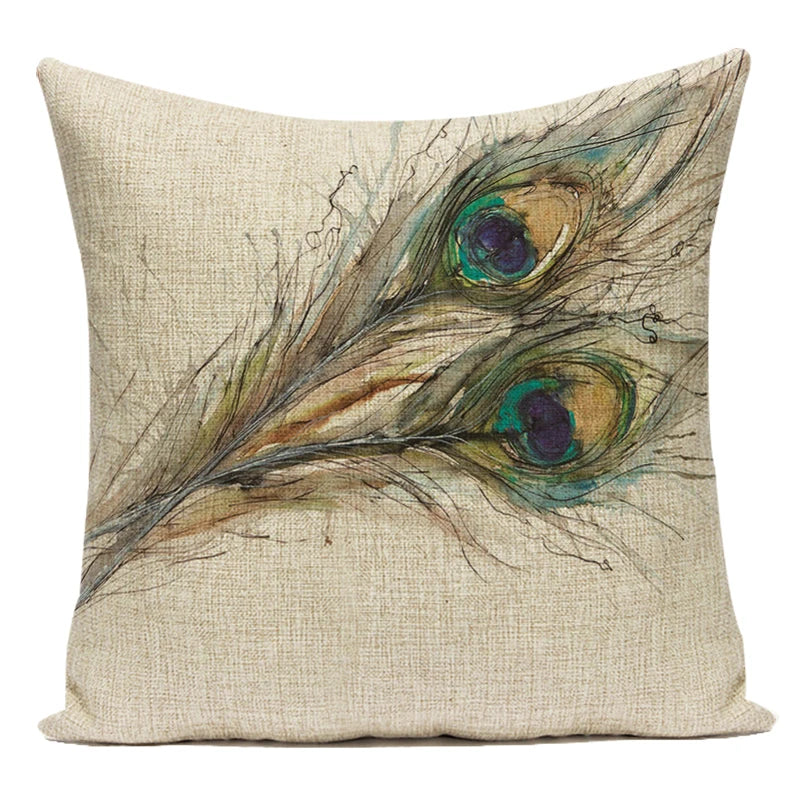 housse coussin carrée décorative motif paon bleu vert violet canapé salon moderne
