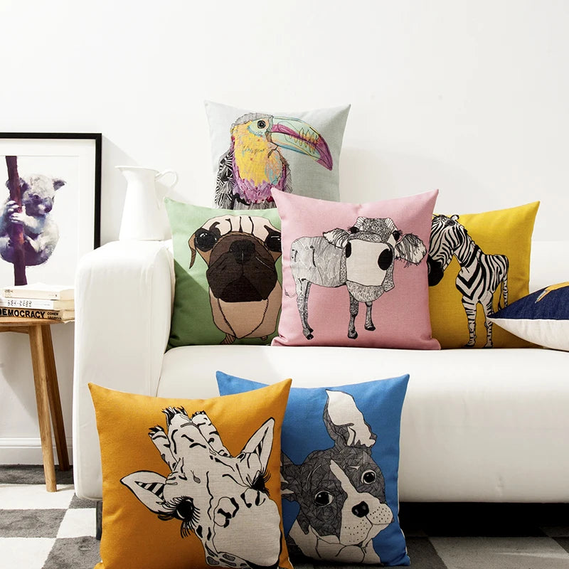 housse carrée coussin animal imprimé moderne zèbre oiseau chien vache multicolore