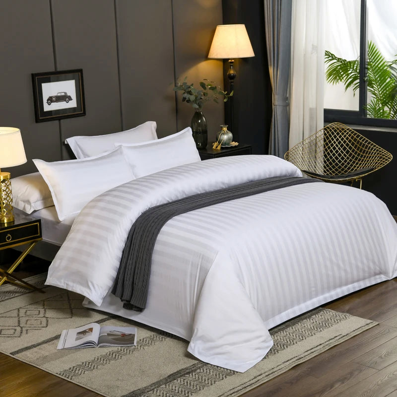 lit drap coton blanc rayures fines 600tc sergé machine lavable twin full queen king
