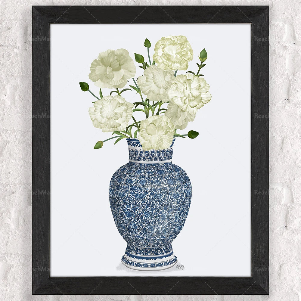 Un magnifique bouquet de fleurs blanches épanouies dans un vase en céramique bleu et blanc orné de motifs délicats.