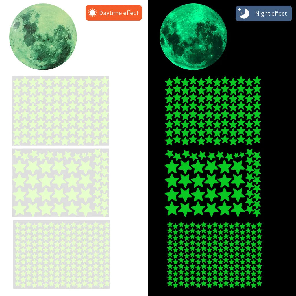 Stickers muraux lumineux étoiles lune moderne adhésifs vert fluo chambre enfants 12 feuilles lune