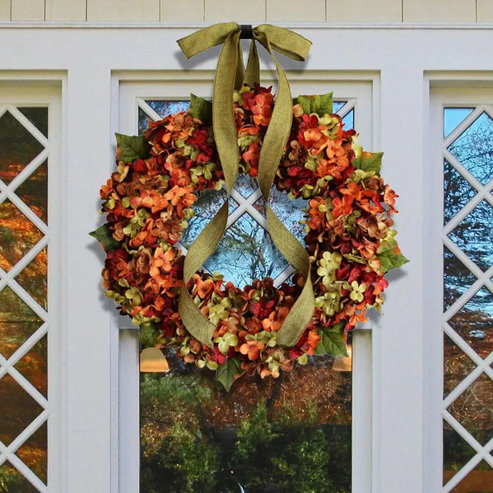 décoration automnale couronne fleurs artificielles ruban papillon hortensia porte entrée Thanksgiving rustic