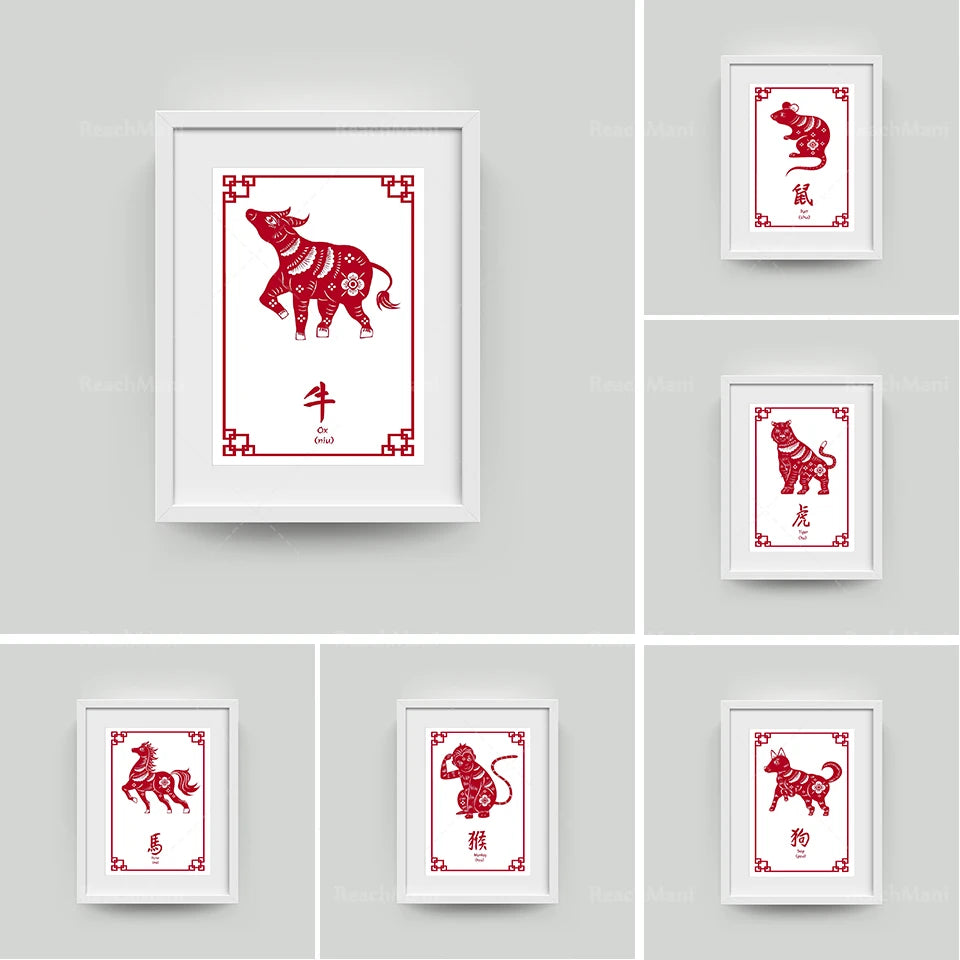 Affiches décoratives avec des animaux du zodiaque chinois en rouge et blanc, représentant les différents signes astrologiques.