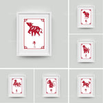 Affiches décoratives avec des animaux du zodiaque chinois en rouge et blanc, représentant les différents signes astrologiques.