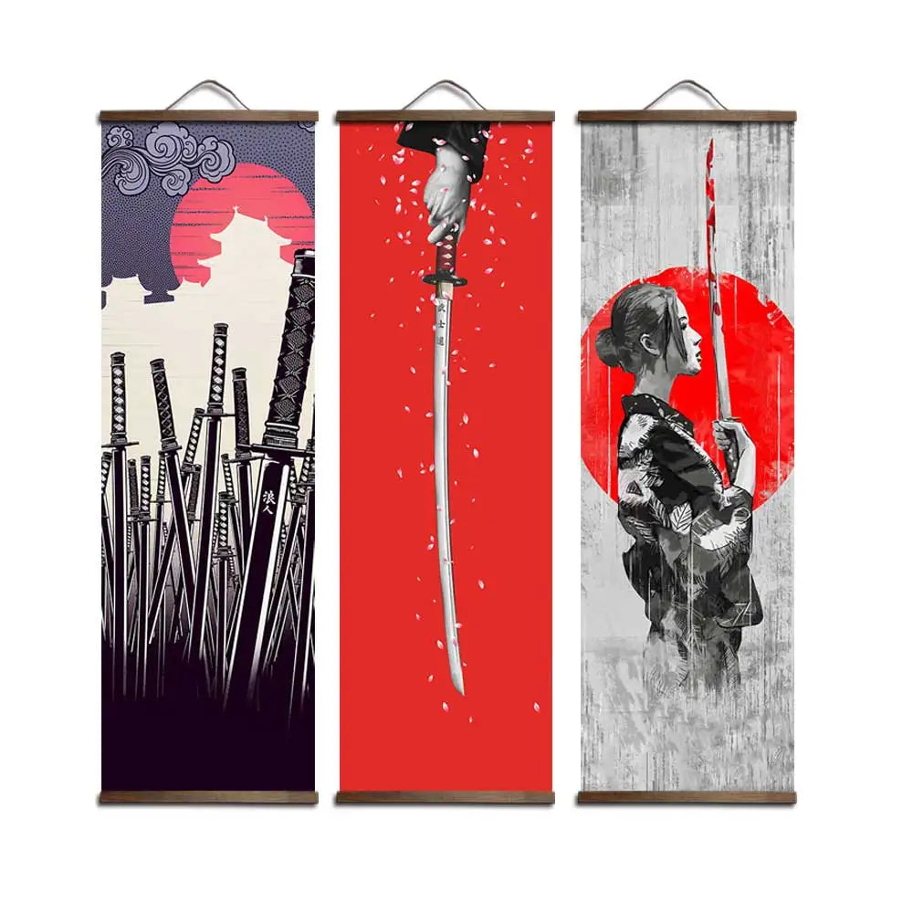 toile peinte art japonais femme épée fond texturé classique blanc noir rouge gris