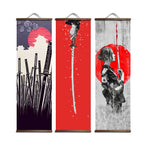toile peinte art japonais femme épée fond texturé classique blanc noir rouge gris