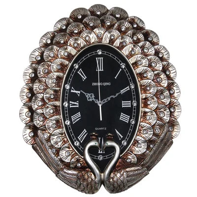 horloge murale art déco plumes paon strass solaire résine noir argenté unique