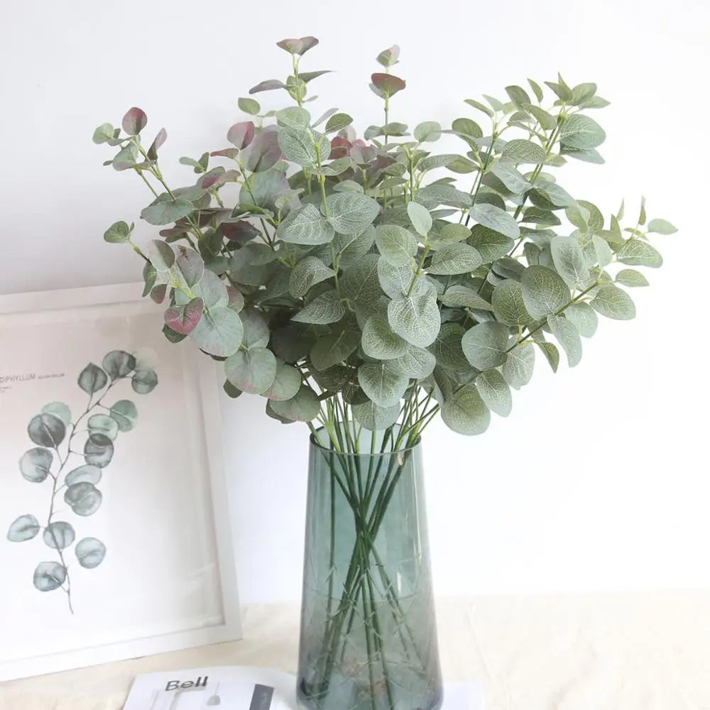 décoration intérieure eucalyptus artificiel feuilles vertes vase translucide minimaliste bohème festive anniversaireextérieur