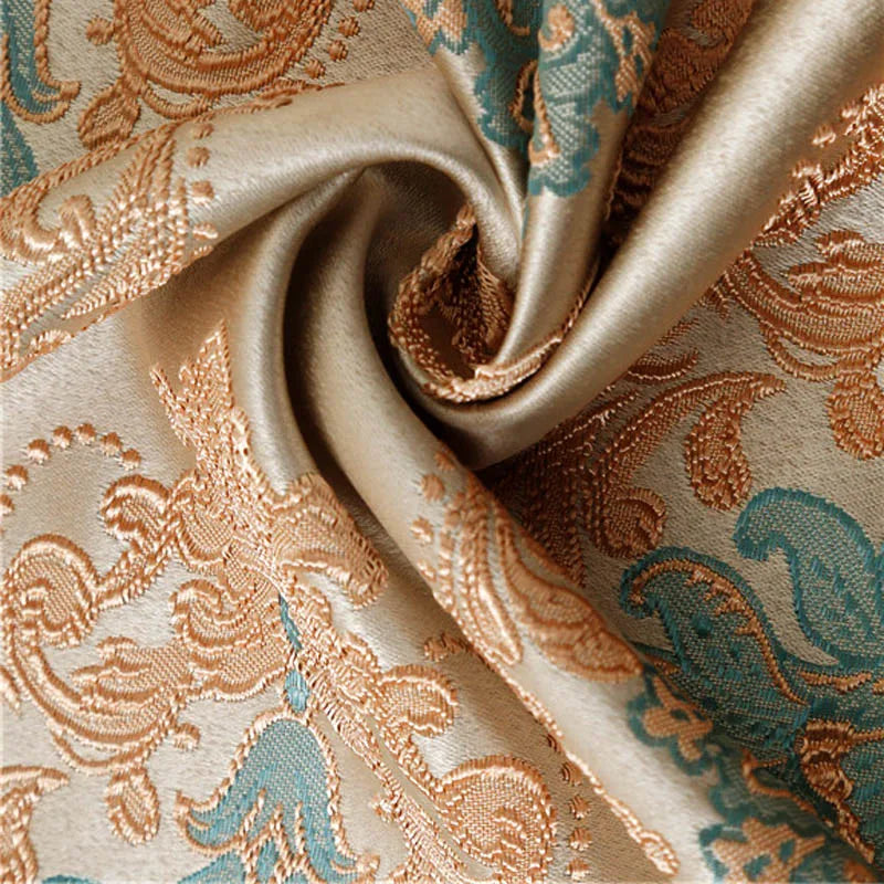 rideau européen classique beige bleu clair motifs floraux dorés opaques tassel doré