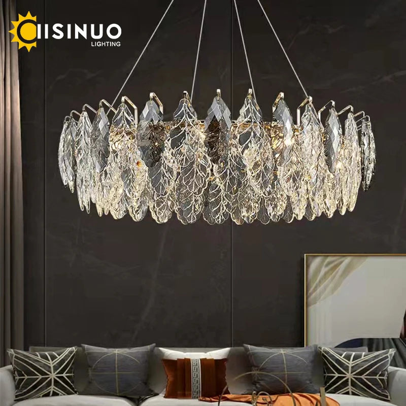 chandelier moderne luxueux transparent feuilles stylisées câbles métalliques doré argenté