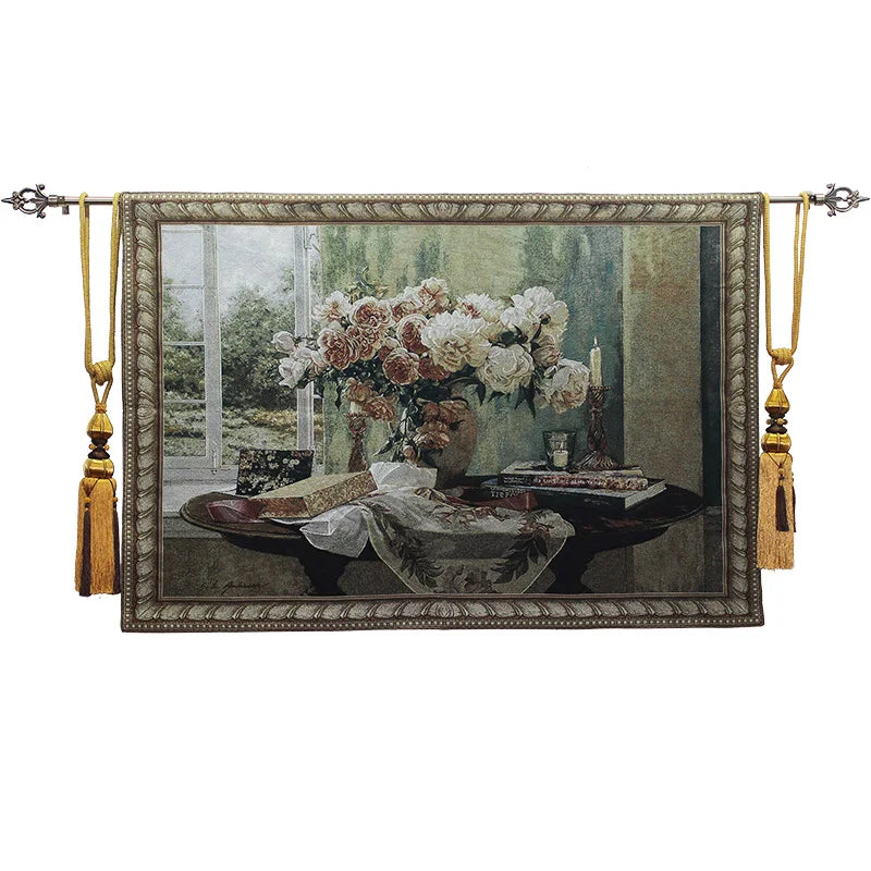 tapisserie coton belge fleurs roses paysage classique lavable machine beige marron vert