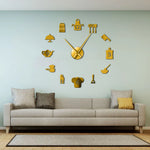Horloge murale géante 100 cm design ustensiles cuisine argent