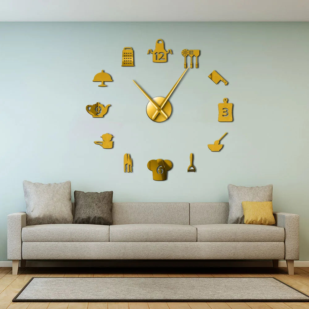 Horloge murale géante 100 cm design ustensiles cuisine argent