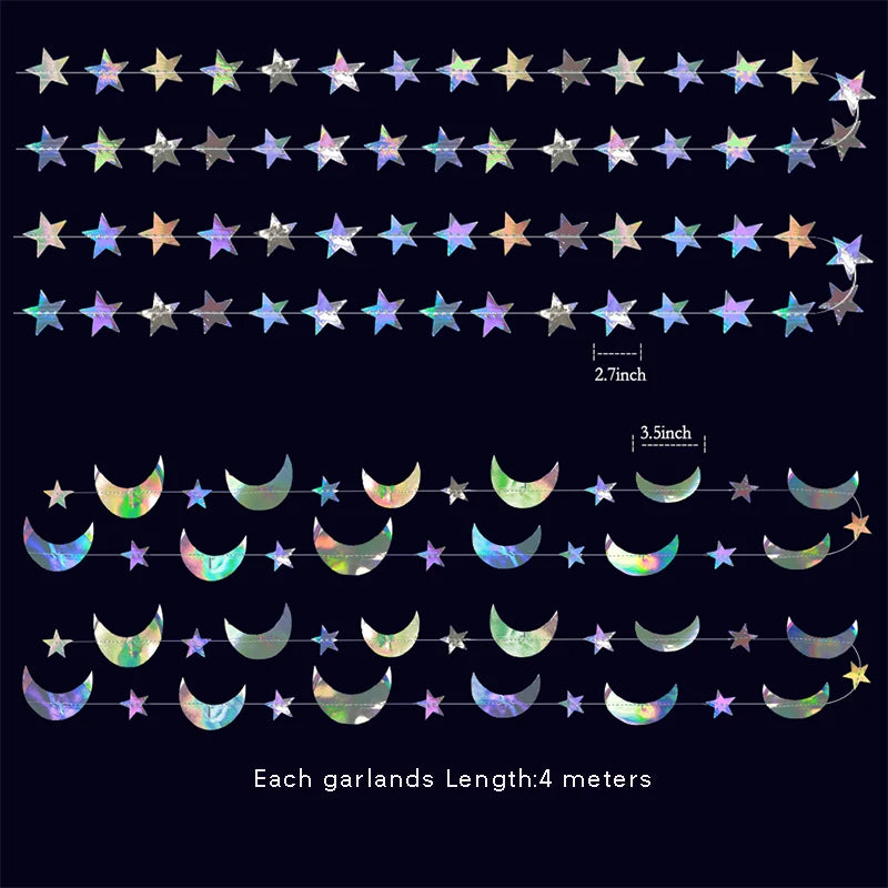 guirlandes festives multicolores étoiles lunes effet holographique irisé translucentes