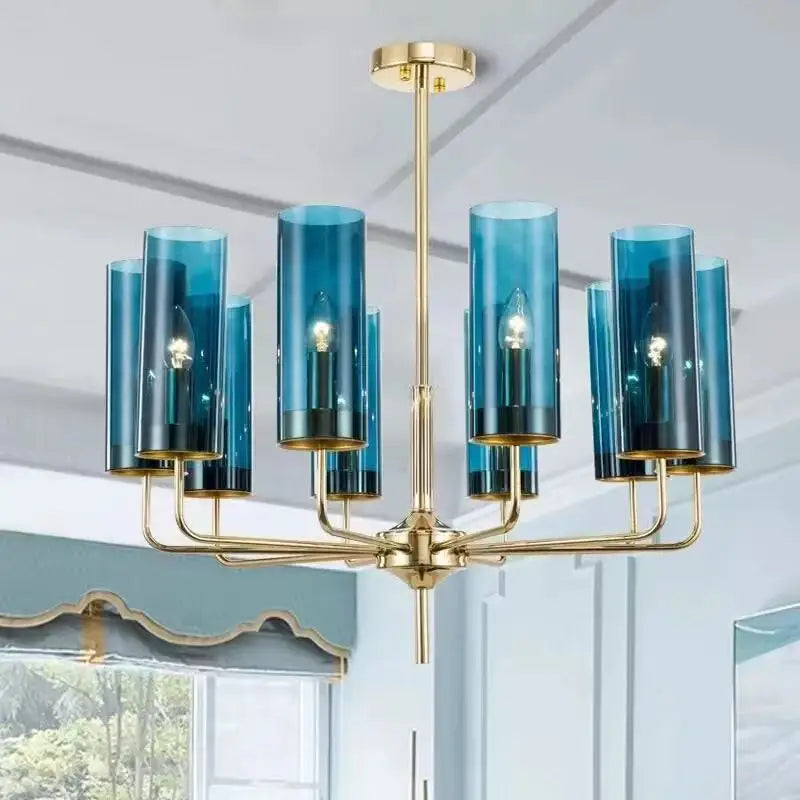 lustre moderne or bleu transparent cylindrique 10 têtes éclairage salon chambre coucher