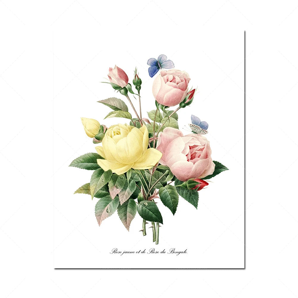 Un bouquet de fleurs délicates, comprenant des roses roses et jaunes ainsi que des papillons bleus sur fond blanc.