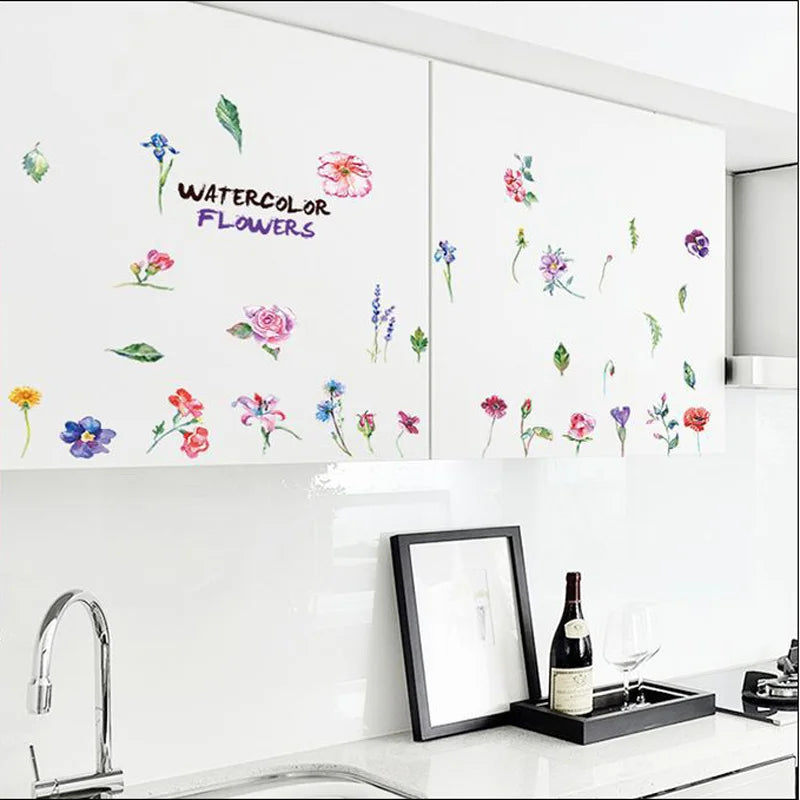 autocollants muraux fleurs aquarelle modernes multicolores rose violet bleu jaune résistants eau dimension 53x35cm