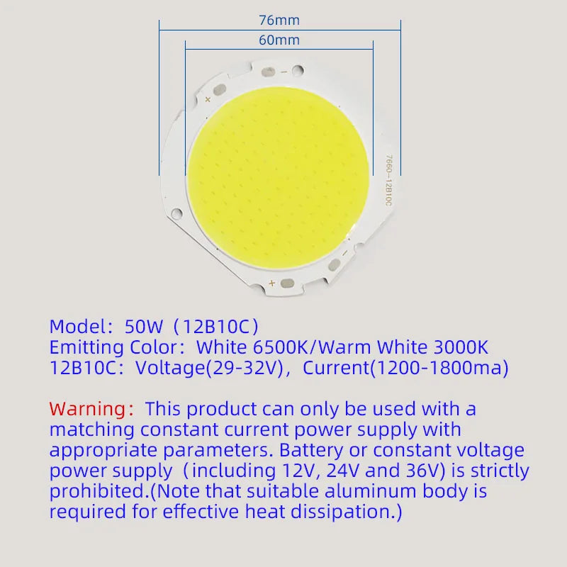 ampoule led chip blanc jaune grille points 76mm 60mm circulaire 50w 6500k 3000k
