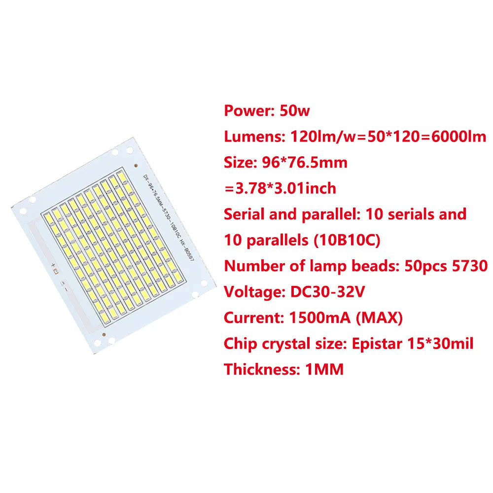projecteur led 50w plaque diodes smd blanc 6000k matrice moderne 96x76.5mm 50pcs diodes
